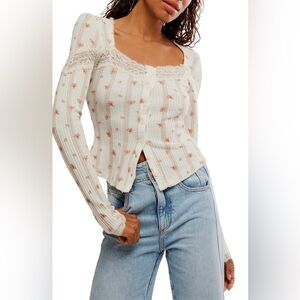 🔥NWT Free People Floral Lace Trim Cotton Waffle Knit Button-Up Top